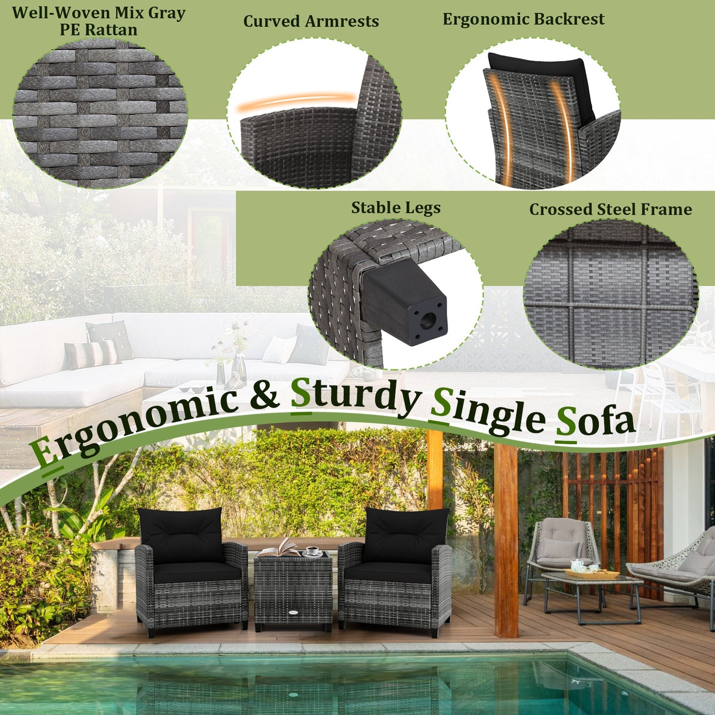 3 Pieces Outdoor Wicker Conversation Set with Tempered Glass Tabletop-Black