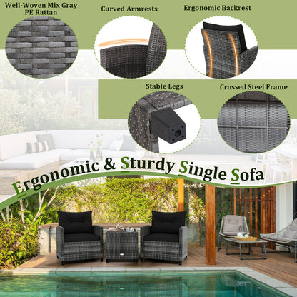 3 Pieces Outdoor Wicker Conversation Set with Tempered Glass Tabletop-Black
