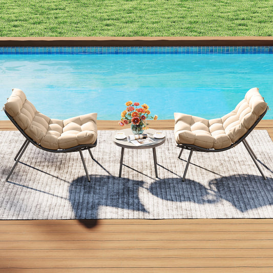 3 Pieces PE Rattan Conversation Set with Cushioned Papasan Chairs-Beige - Tampa Home & Garden Store