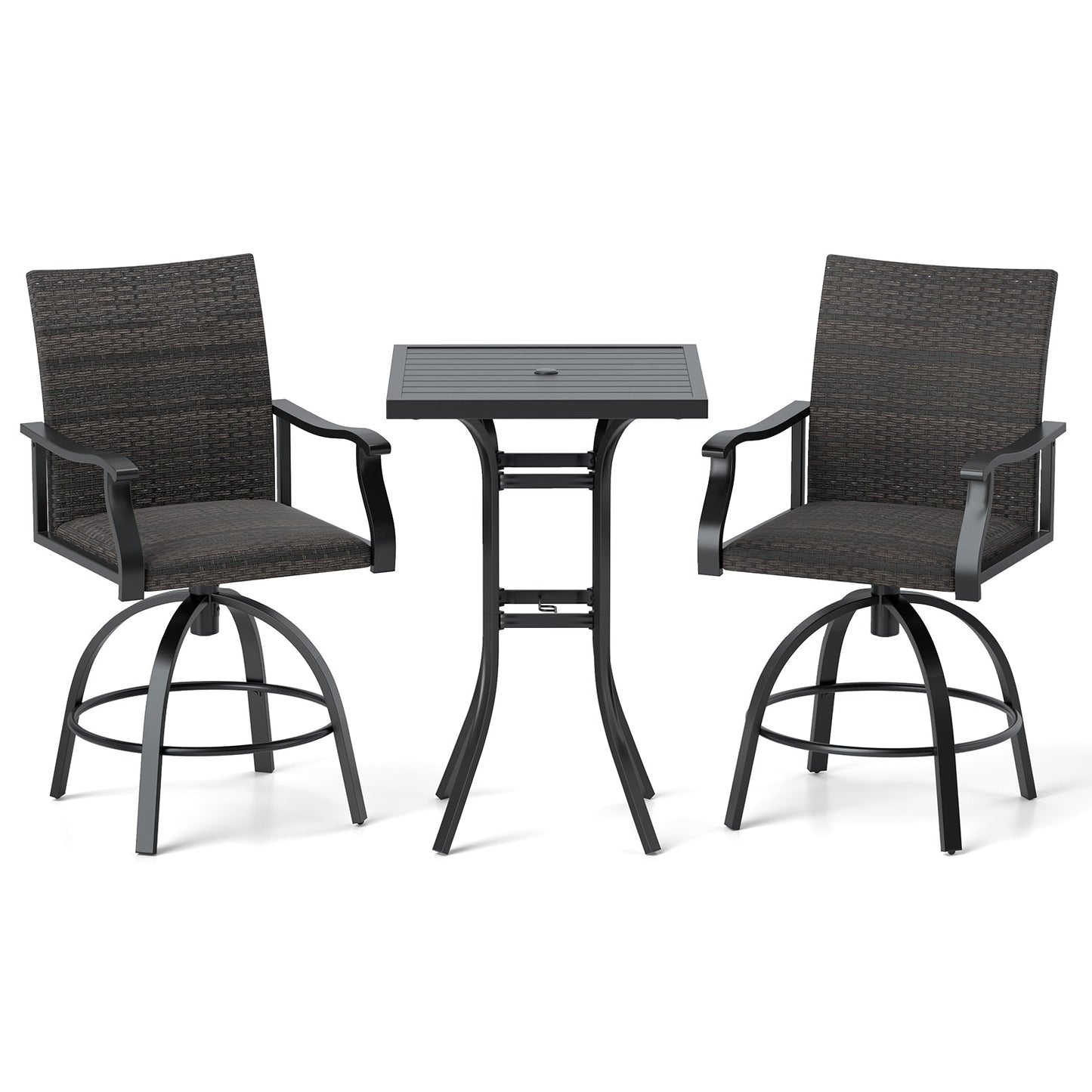 3 Pieces PE Wicker Patio Swivel Bar Set with Quick-Drying Foam-Black