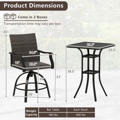 3 Pieces PE Wicker Patio Swivel Bar Set with Quick-Drying Foam-Black