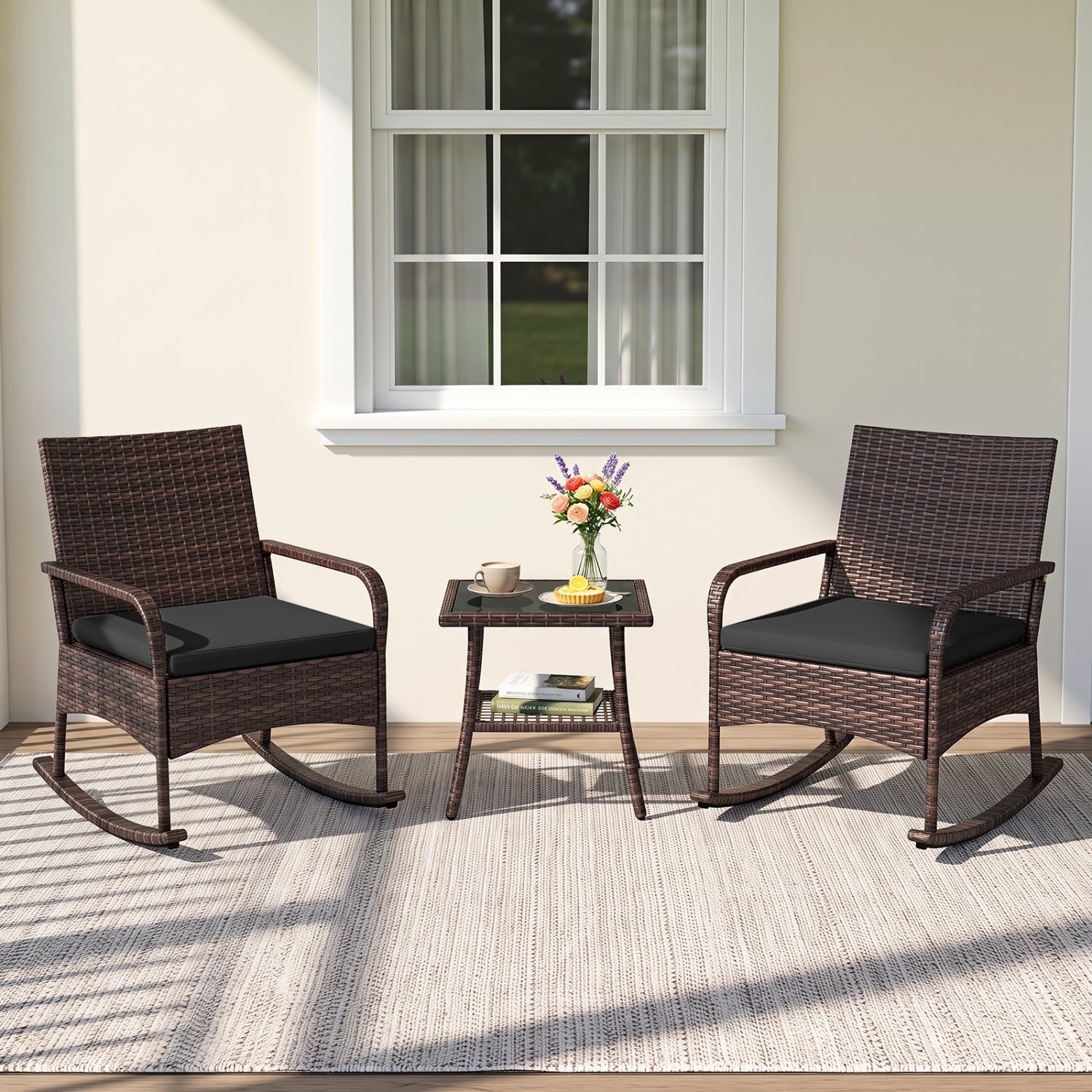 3-Piece Rocking Bistro Set Cushions & Side Table brown wicker, two rocking chairs and glass table on Tampa Home & Garden Store