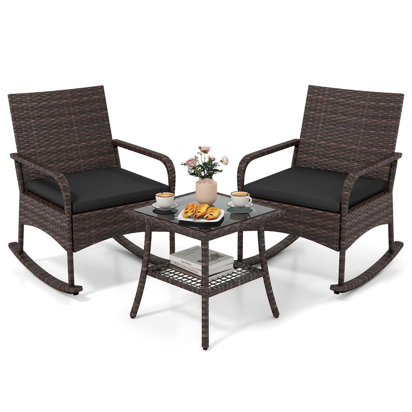 DirectDeals 3-Piece Rocking Bistro Set with Cushions and Glass Table, 2 chairs on Tampa Home & Garden Store