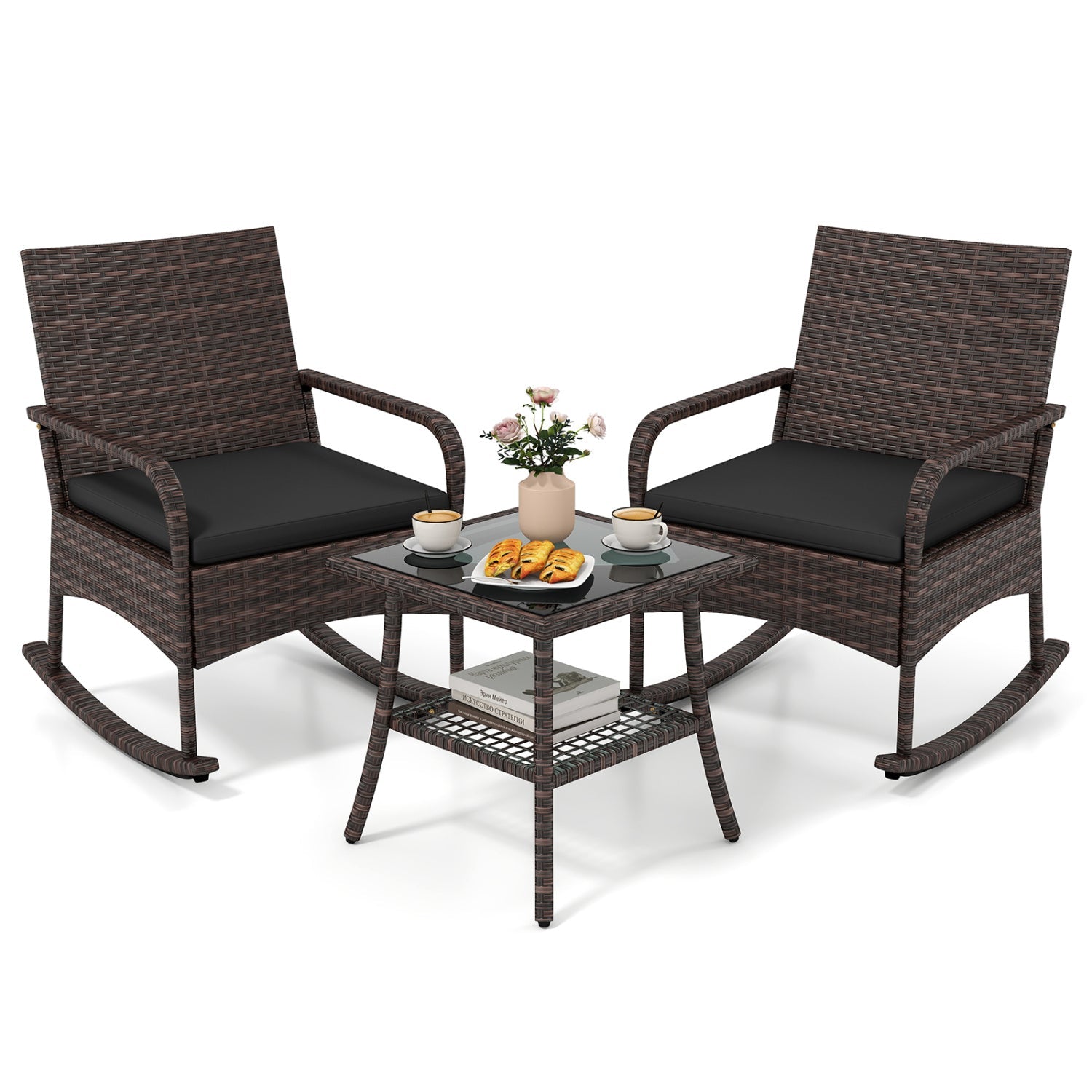 DirectDeals 3-Piece Rocking Bistro Set with Cushions and Glass Table, 2 chairs on Tampa Home & Garden Store