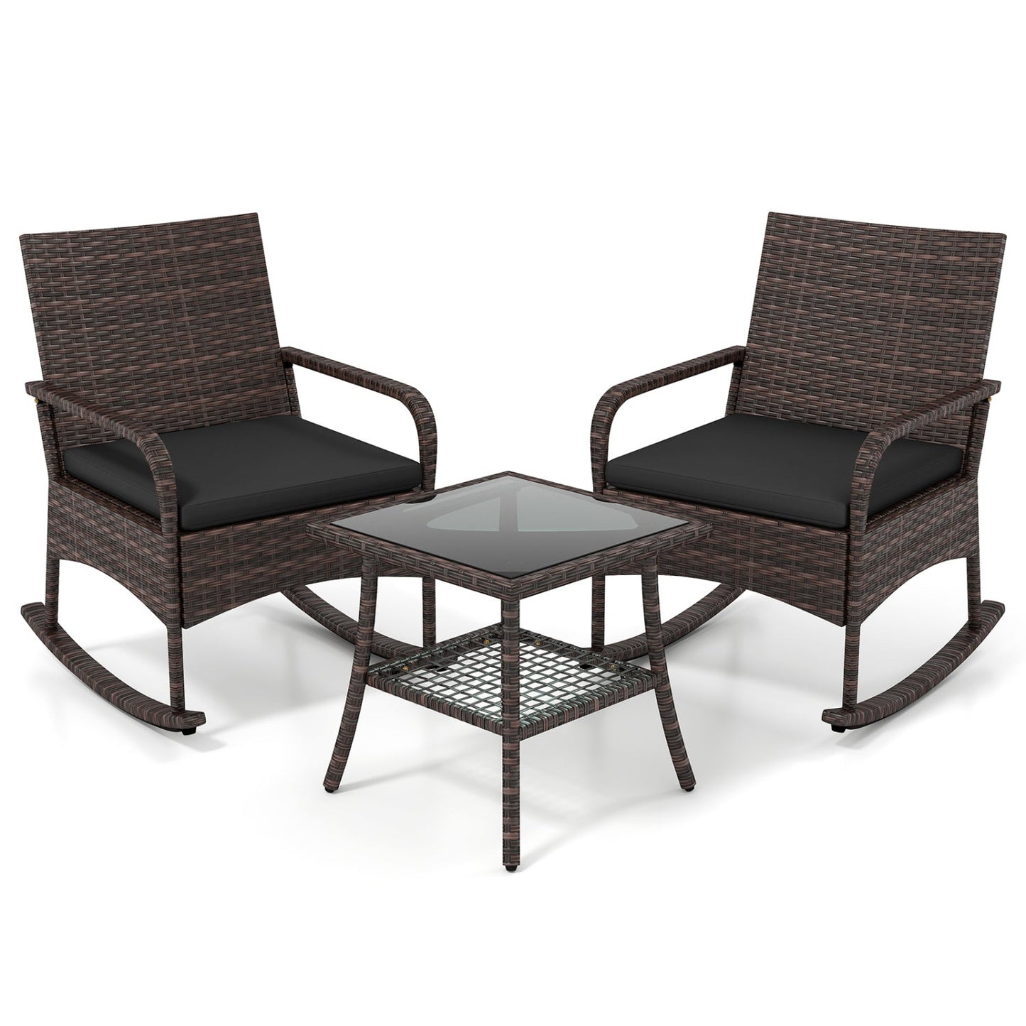 3-Piece Rocking Bistro Patio Set by DirectDeals with brown wicker and black cushions, glass-top side table on Tampa Home & Garden Store