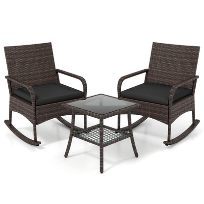 3-Piece Rocking Bistro Patio Set by DirectDeals with brown wicker and black cushions, glass-top side table on Tampa Home & Garden Store