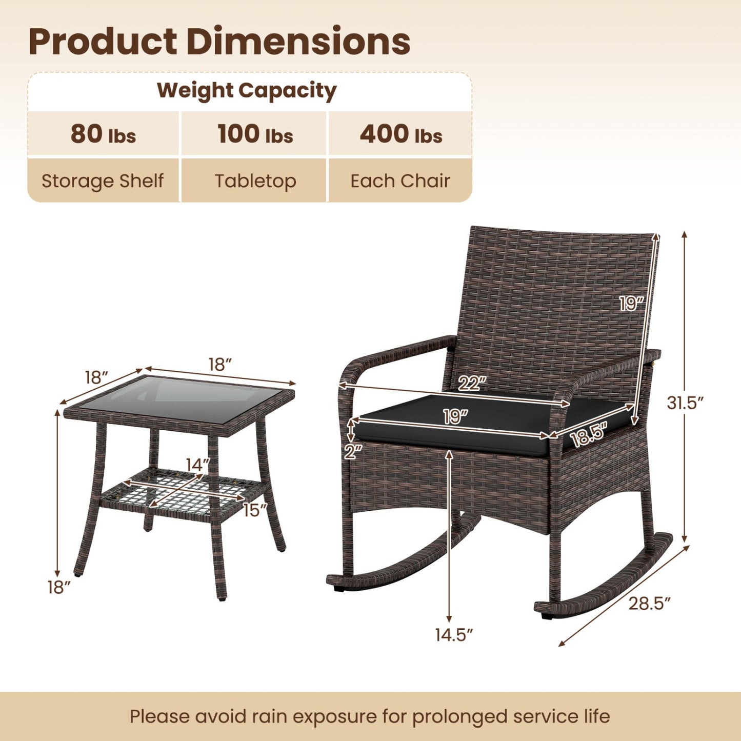 3-Piece Rocking Bistro Set with Cushions brown wicker outdoor patio glass-top table DirectDeals on Tampa Home & Garden Store