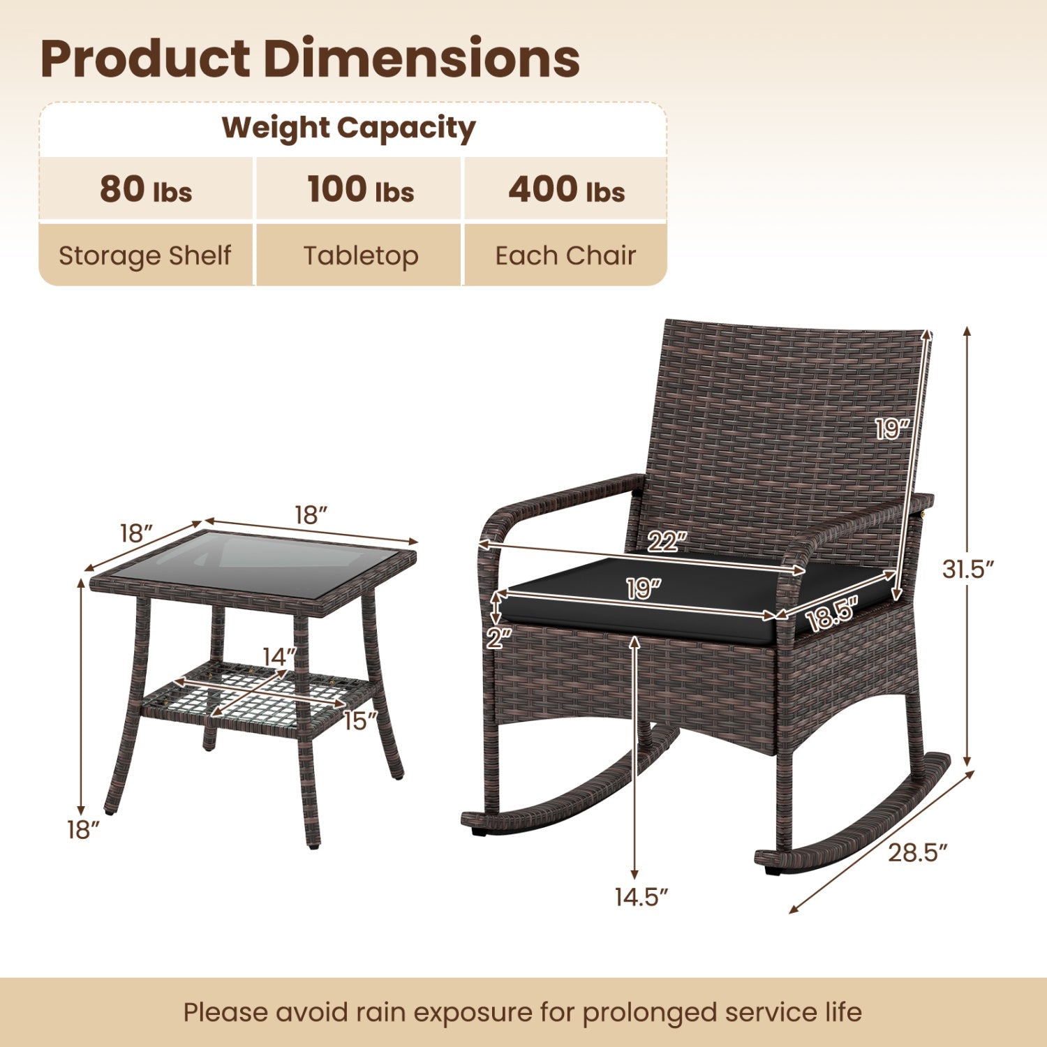3-Piece Rocking Bistro Set with Cushions brown wicker outdoor patio glass-top table DirectDeals on Tampa Home & Garden Store