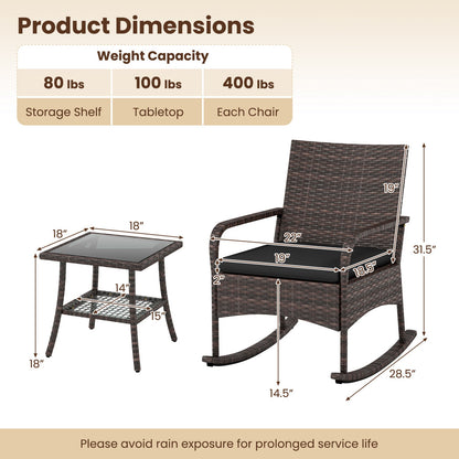 3-Piece Rocking Bistro Set with Cushions brown wicker outdoor patio glass-top table DirectDeals on Tampa Home & Garden Store