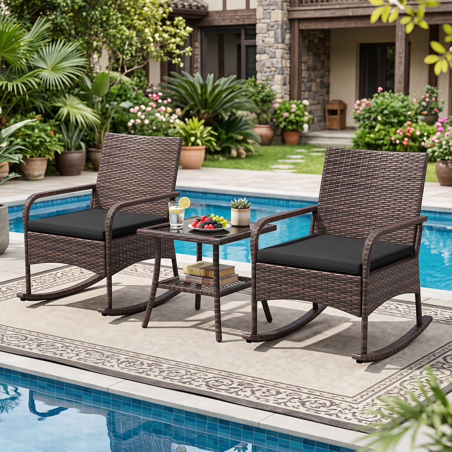 3-Piece Rocking Bistro Set with Cushions & Side Table in brown wicker by DirectDeals for patio on Tampa Home & Garden Store