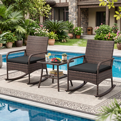3-Piece Rocking Bistro Set with Cushions & Side Table in brown wicker by DirectDeals for patio on Tampa Home & Garden Store