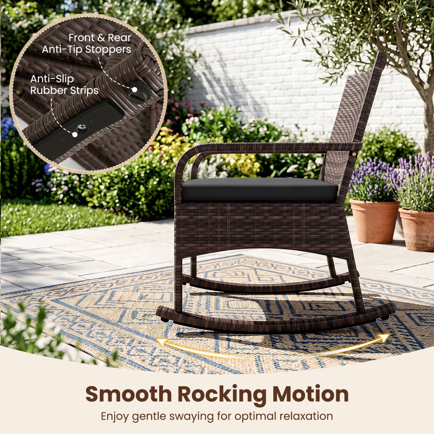 DirectDeals 3-Piece Rocking Bistro Set with Cushions in brown wicker outdoor patio scene on Tampa Home & Garden Store