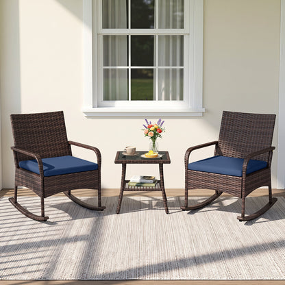 3-Piece Rocking Bistro Set with Cushions & Side Table, brown wicker chairs with blue cushions on Tampa Home & Garden Store