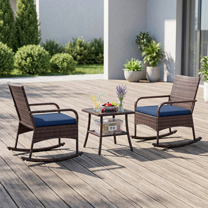 3-Piece Rocking Bistro Set with Cushions & Side Table, brown wicker blue cushions, patio set on Tampa Home & Garden Store