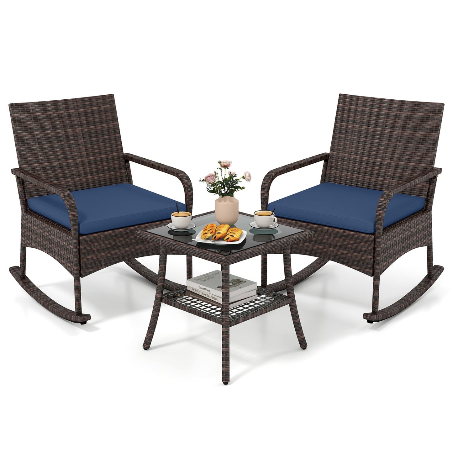 3-Piece Rocking Bistro Set DirectDeals brown wicker with blue cushions, glass-topped table on Tampa Home & Garden Store