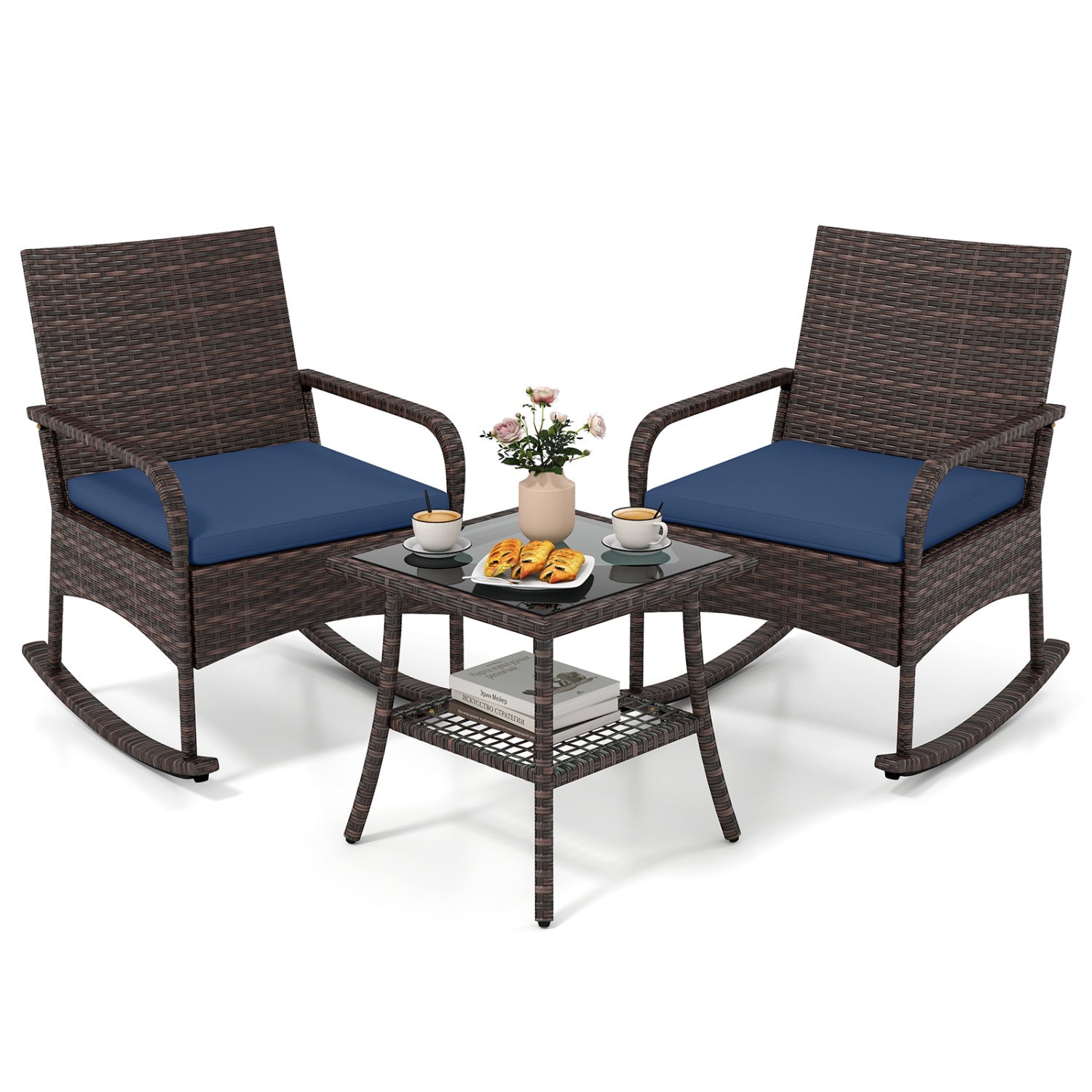 3-Piece Rocking Bistro Set DirectDeals brown wicker with blue cushions, glass-topped table on Tampa Home & Garden Store
