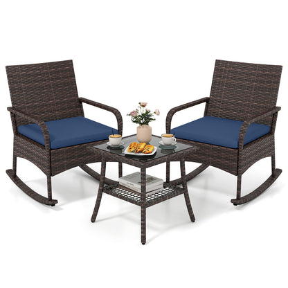 3-Piece Rocking Bistro Set DirectDeals brown wicker with blue cushions, glass-topped table on Tampa Home & Garden Store