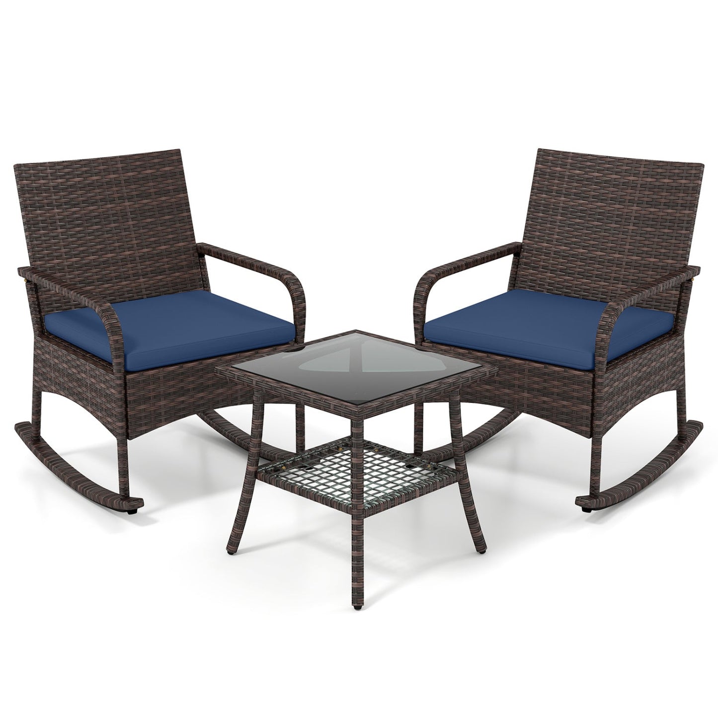 3-Piece Rocking Bistro Set dark brown wicker with blue cushions and side table DirectDeals on Tampa Home & Garden Store