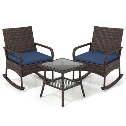 3-Piece Rocking Bistro Set dark brown wicker with blue cushions and side table DirectDeals on Tampa Home & Garden Store