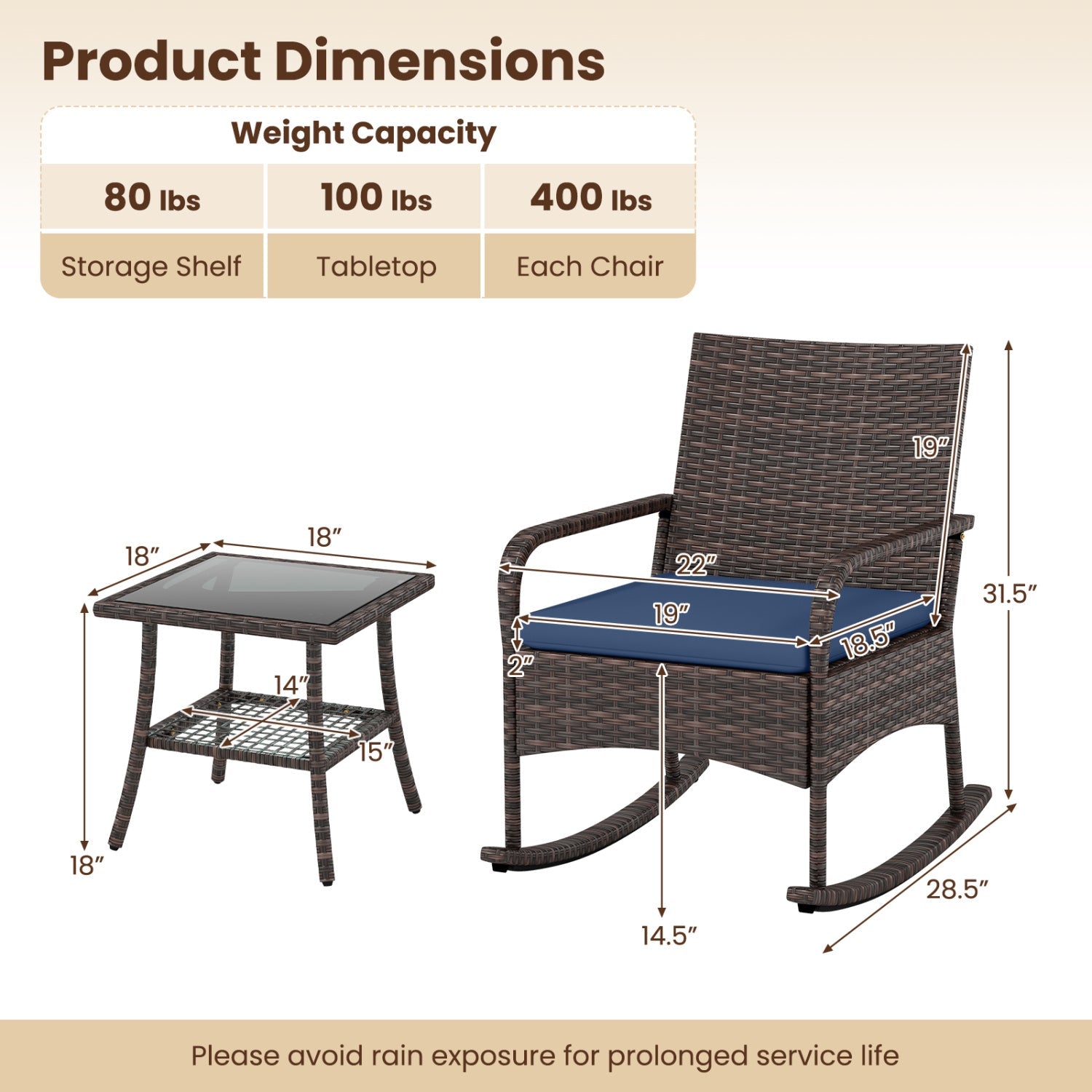 3-Piece Rocking Bistro Set DirectDeals with Cushions & Table brown wicker with blue cushions on Tampa Home & Garden Store