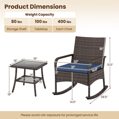 3-Piece Rocking Bistro Set DirectDeals with Cushions & Table brown wicker with blue cushions on Tampa Home & Garden Store