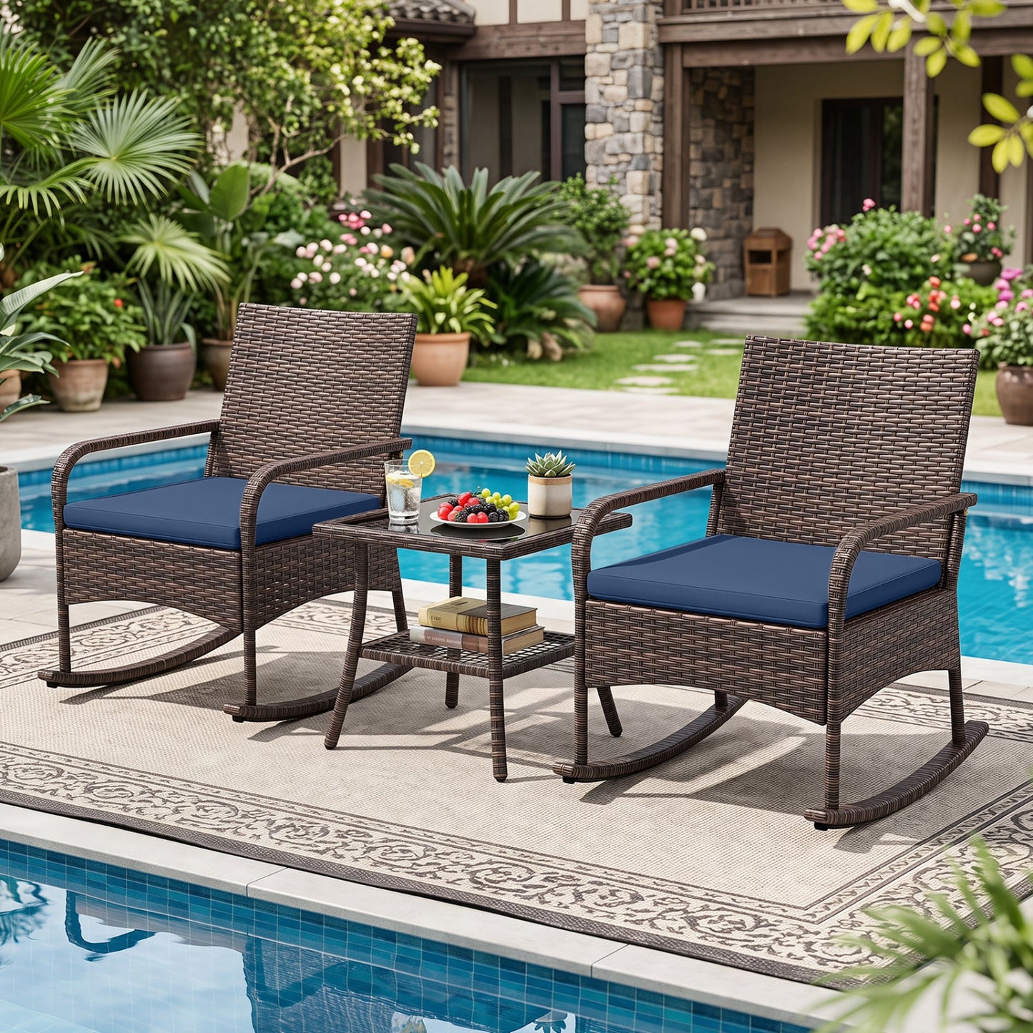 3-Piece Rocking Bistro Set with blue cushions, brown wicker patio chairs and side table on Tampa Home & Garden Store