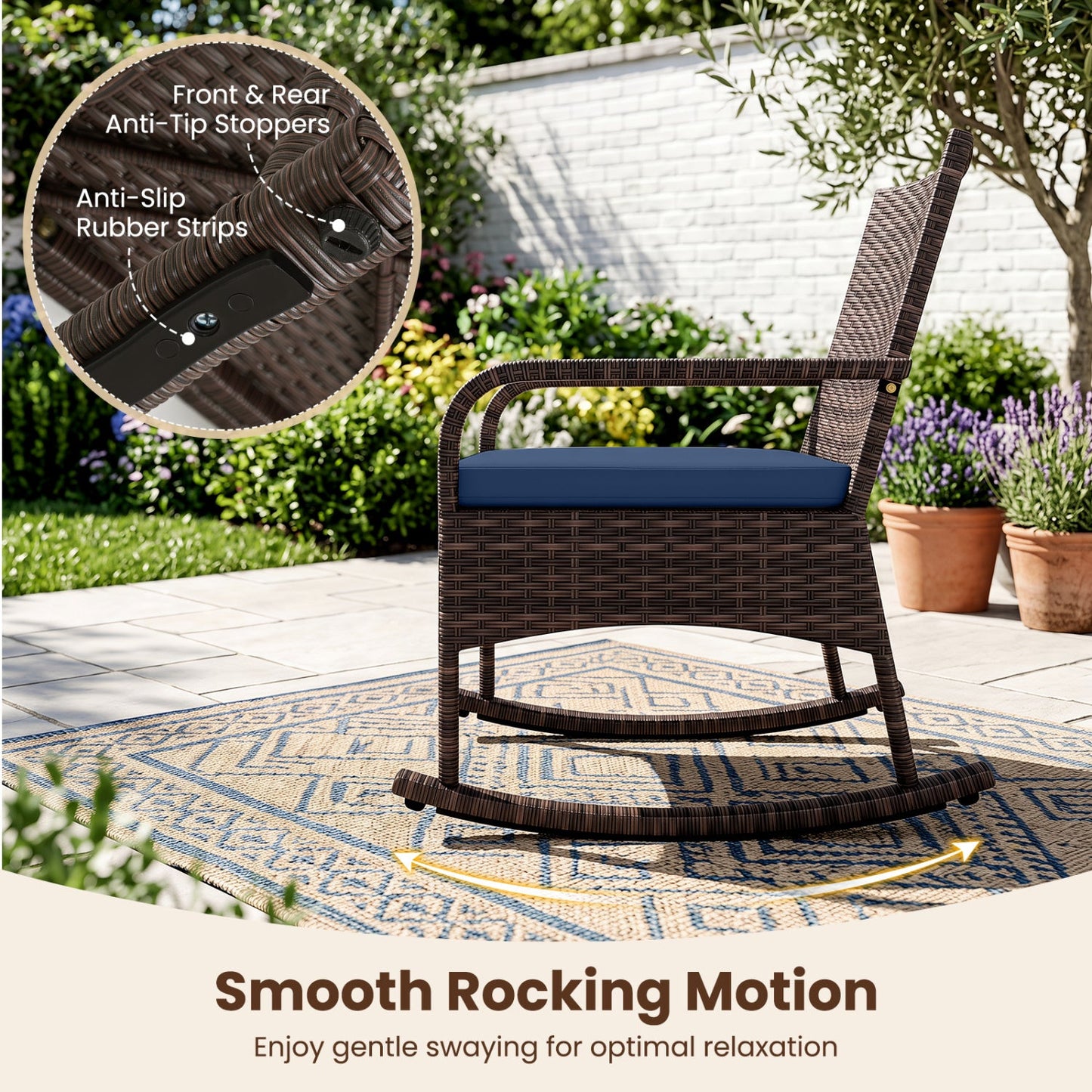 3-Piece Rocking Bistro Set with Cushions & Side Table in brown wicker by DirectDeals on Tampa Home & Garden Store