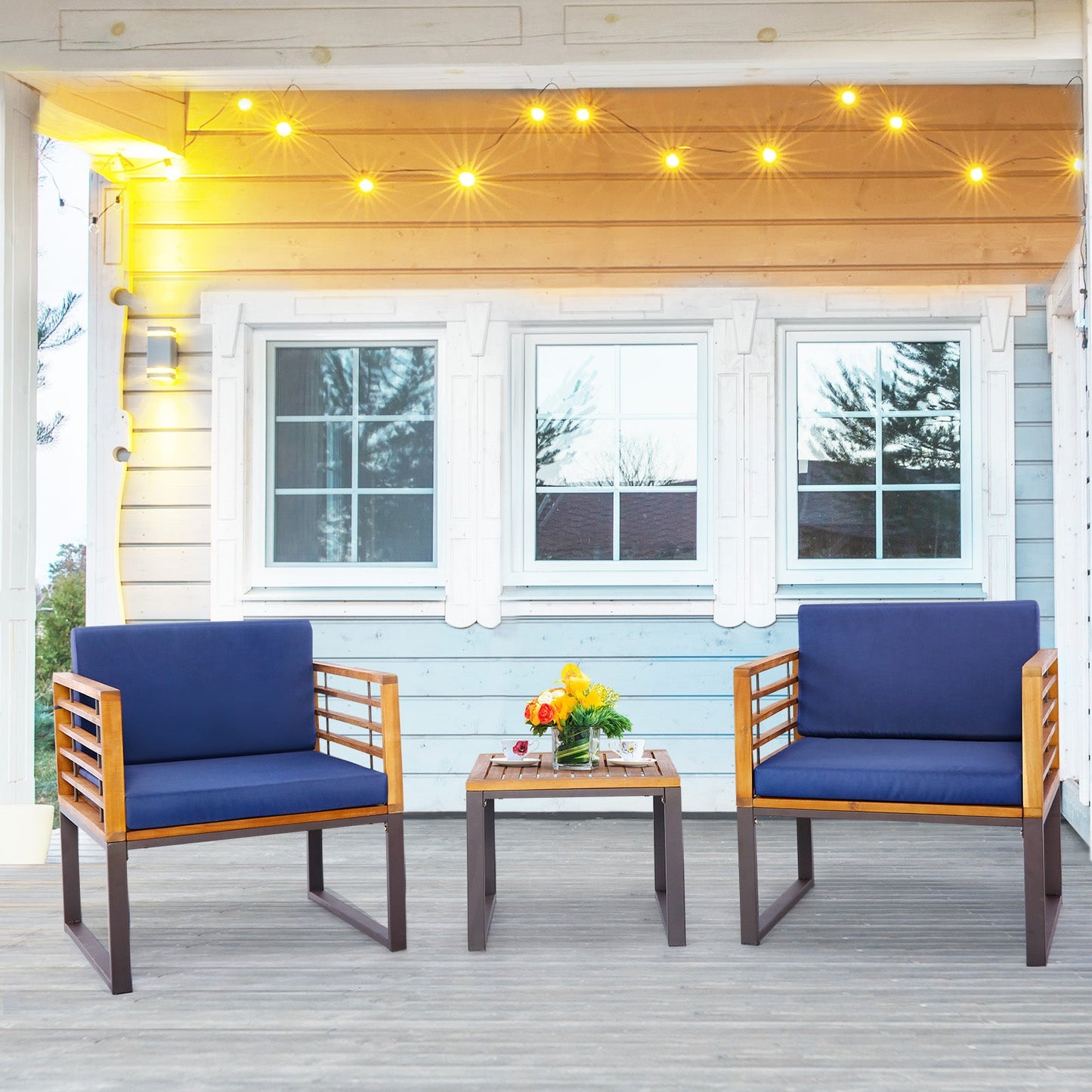 Juego de conversación de 3 piezas de madera de acacia para patio con sillones acolchados - Azul marino