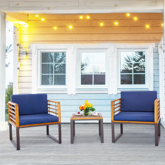 3 Pieces Patio Acacia Wood Conversation Set with Cushioned Armchairs-Navy - Tampa Home & Garden Store