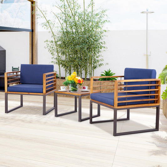 3 Pieces Patio Acacia Wood Conversation Set with Cushioned Armchairs-Navy - Tampa Home & Garden Store
