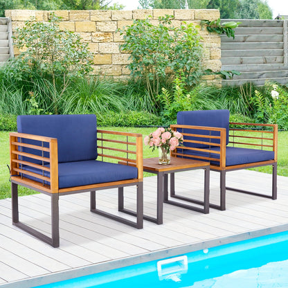 Juego de conversación de 3 piezas de madera de acacia para patio con sillones acolchados - Azul marino