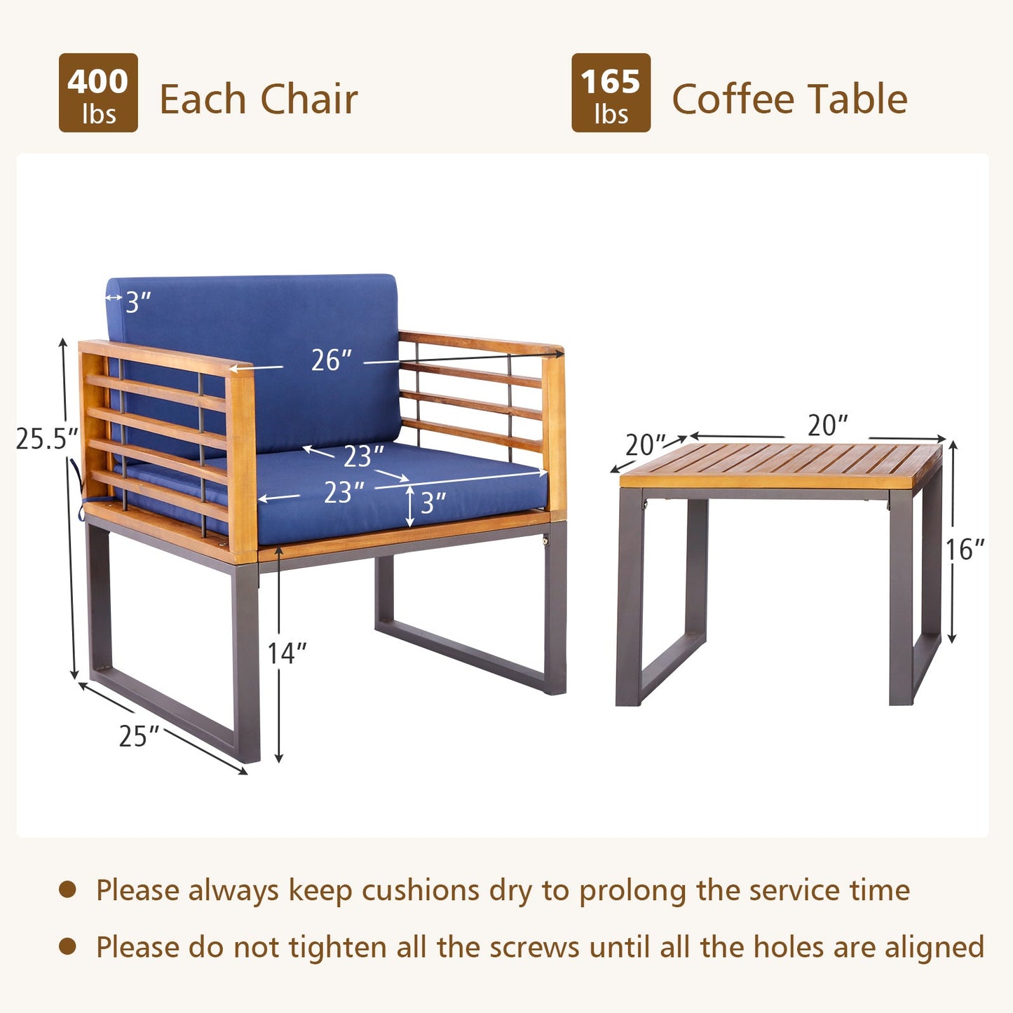 Juego de conversación de 3 piezas de madera de acacia para patio con sillones acolchados - Azul marino