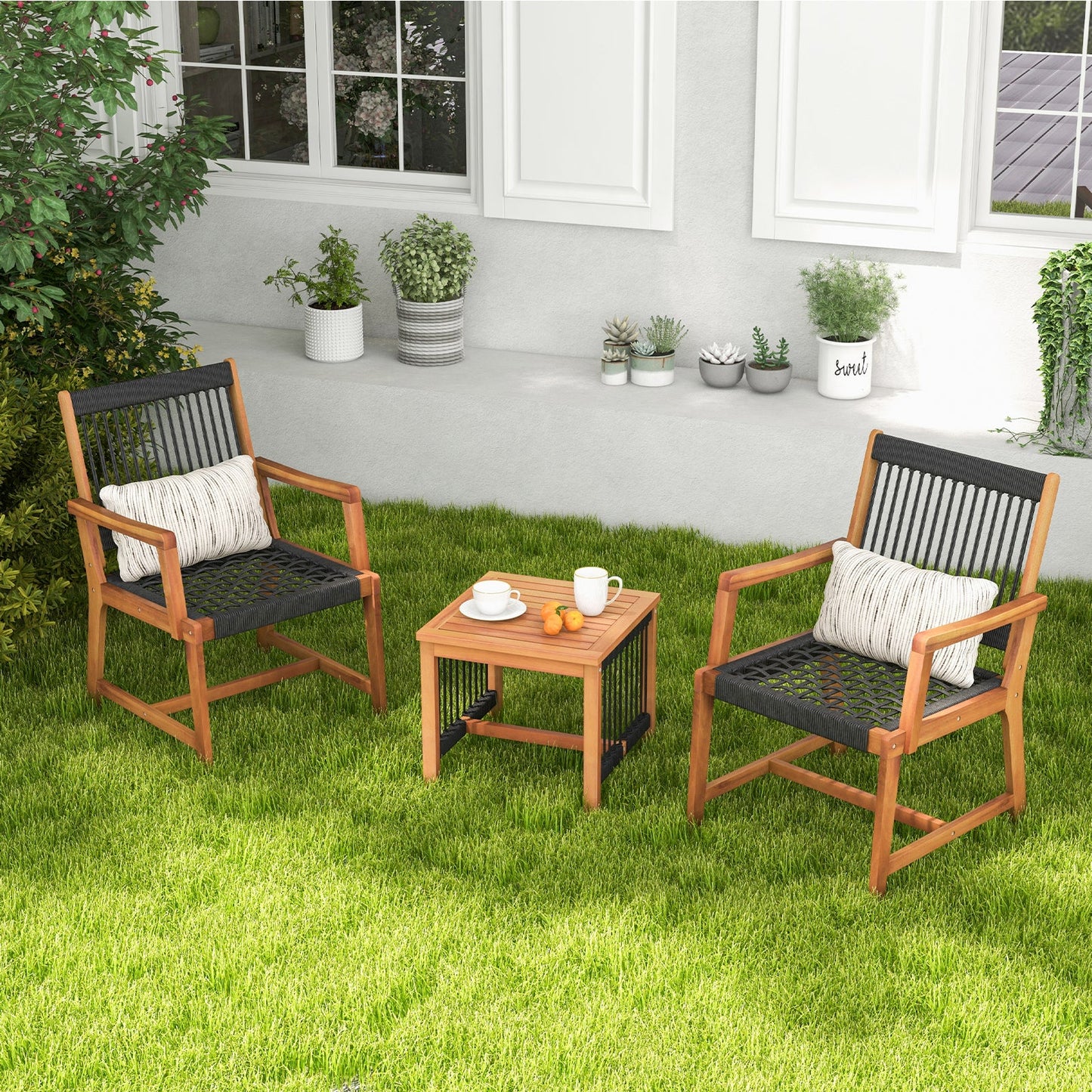 Juego de muebles de patio de madera de acacia de 3 piezas con sillones y mesa de centro