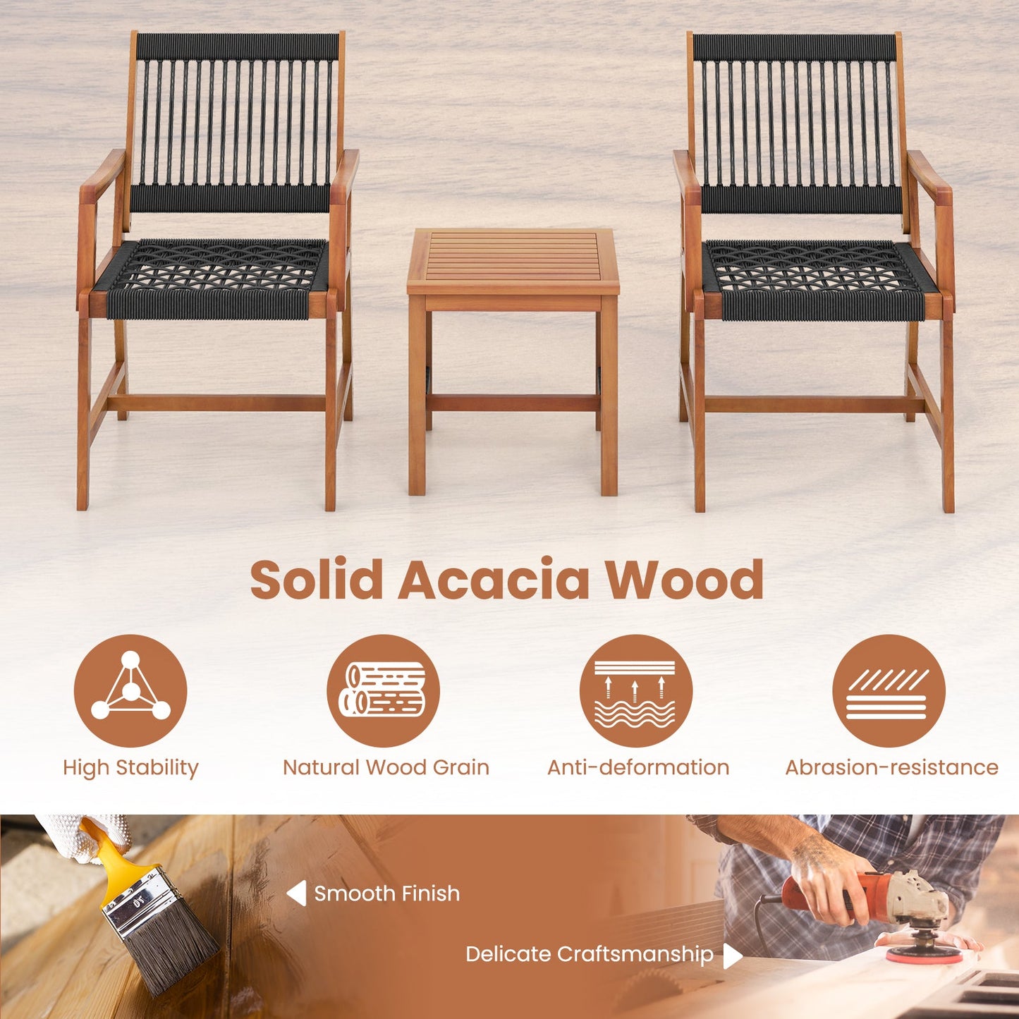 Juego de muebles de patio de madera de acacia de 3 piezas con sillones y mesa de centro