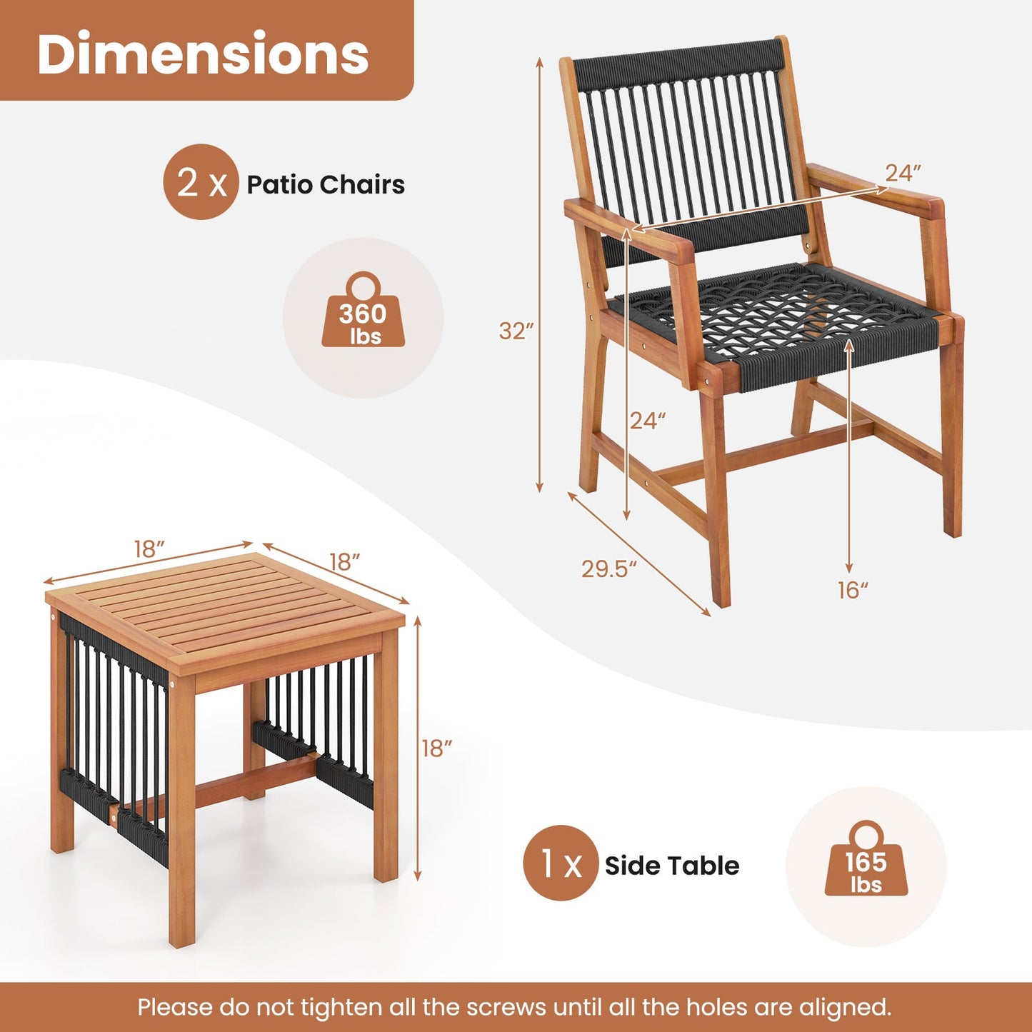Juego de muebles de patio de madera de acacia de 3 piezas con sillones y mesa de centro