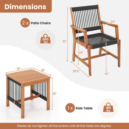 Juego de muebles de patio de madera de acacia de 3 piezas con sillones y mesa de centro