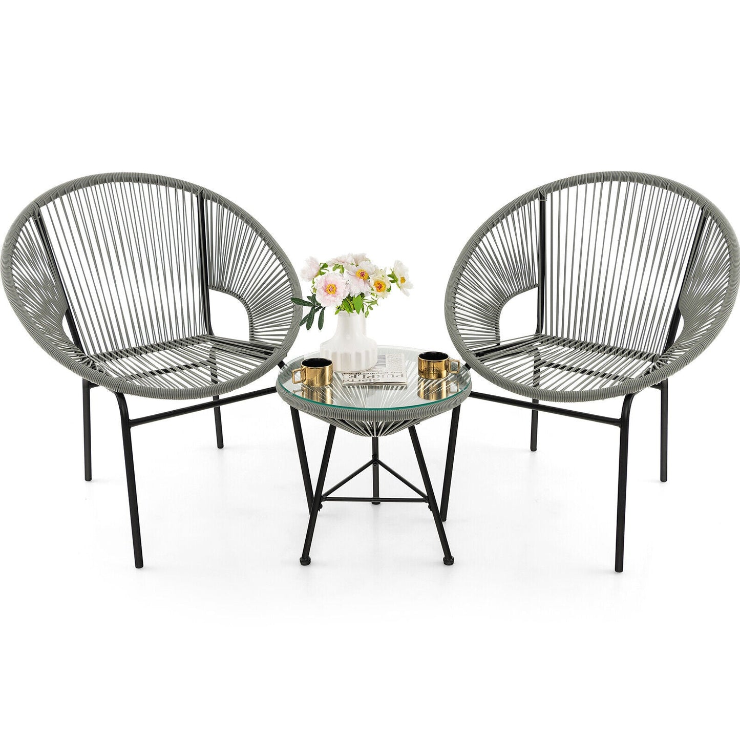 Juego de bistró de 3 piezas para patio, muebles Acapulco con mesa de cristal - gris