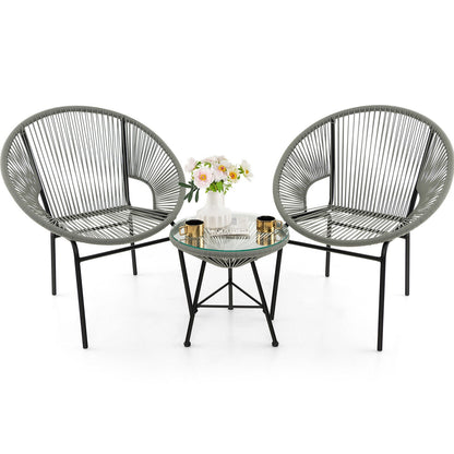 Juego de bistró de 3 piezas para patio, muebles Acapulco con mesa de cristal - gris