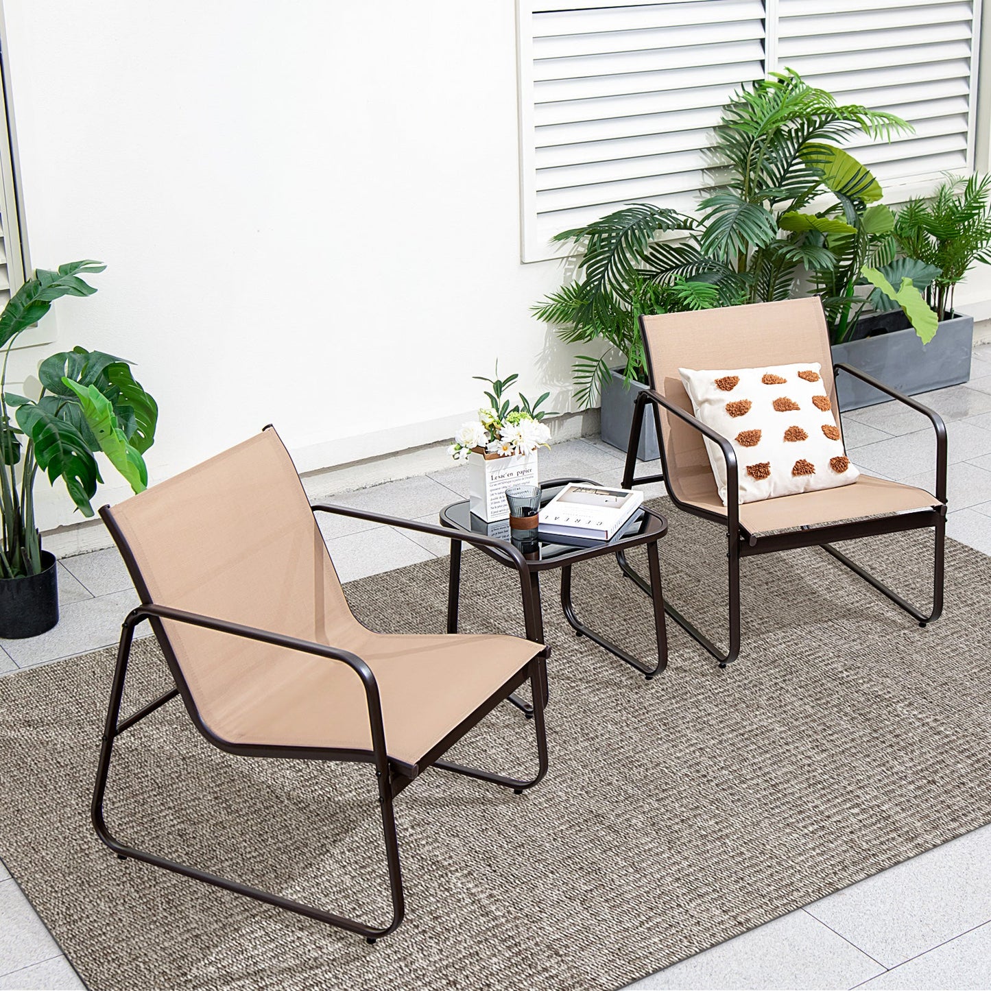 Juego de patio de 3 piezas con tela transpirable y mesa - Marrón