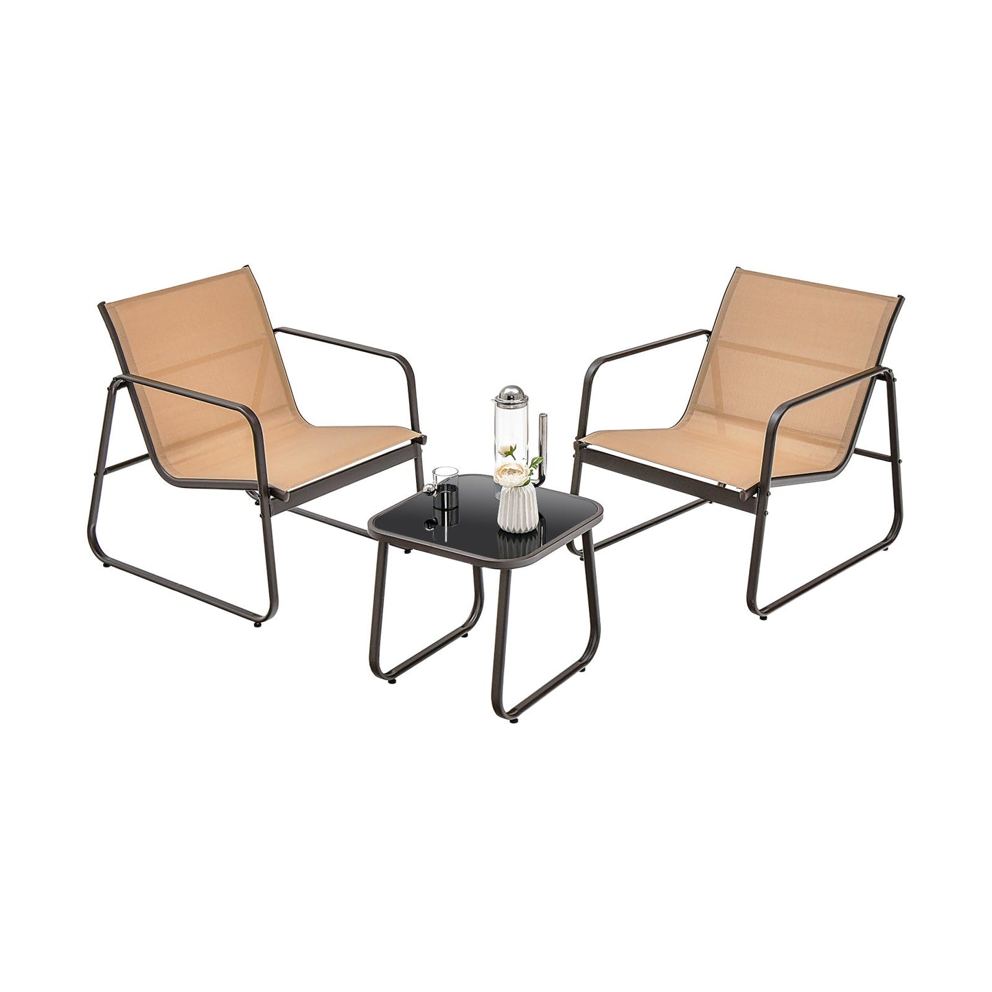 Juego de patio de 3 piezas con tela transpirable y mesa - Marrón