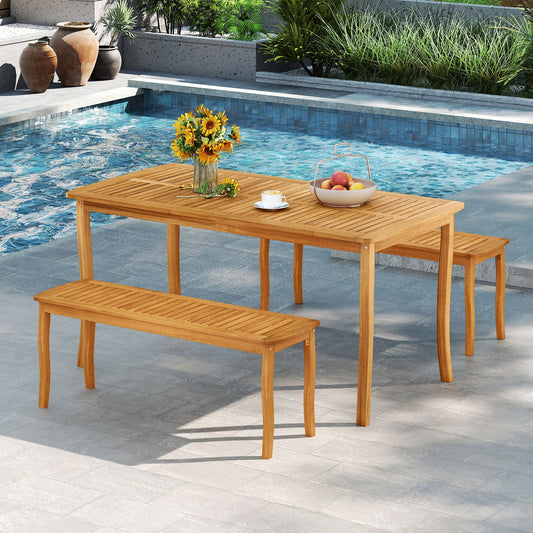3 Pieces Patio Dining Set with Acacia Wood Outdoor Table and Benches - Tampa Home & Garden Store