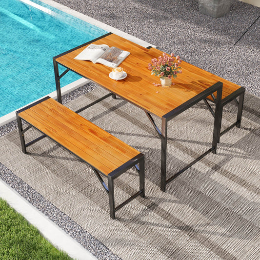 3 Pieces Patio Dining Set with Acacia Wood Dining Table and 2 Benches - Tampa Home & Garden Store