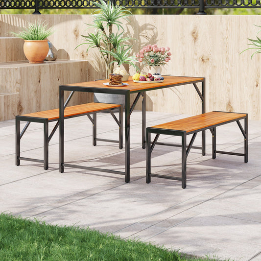 3 Pieces Patio Dining Set with Acacia Wood Dining Table and 2 Benches - Tampa Home & Garden Store