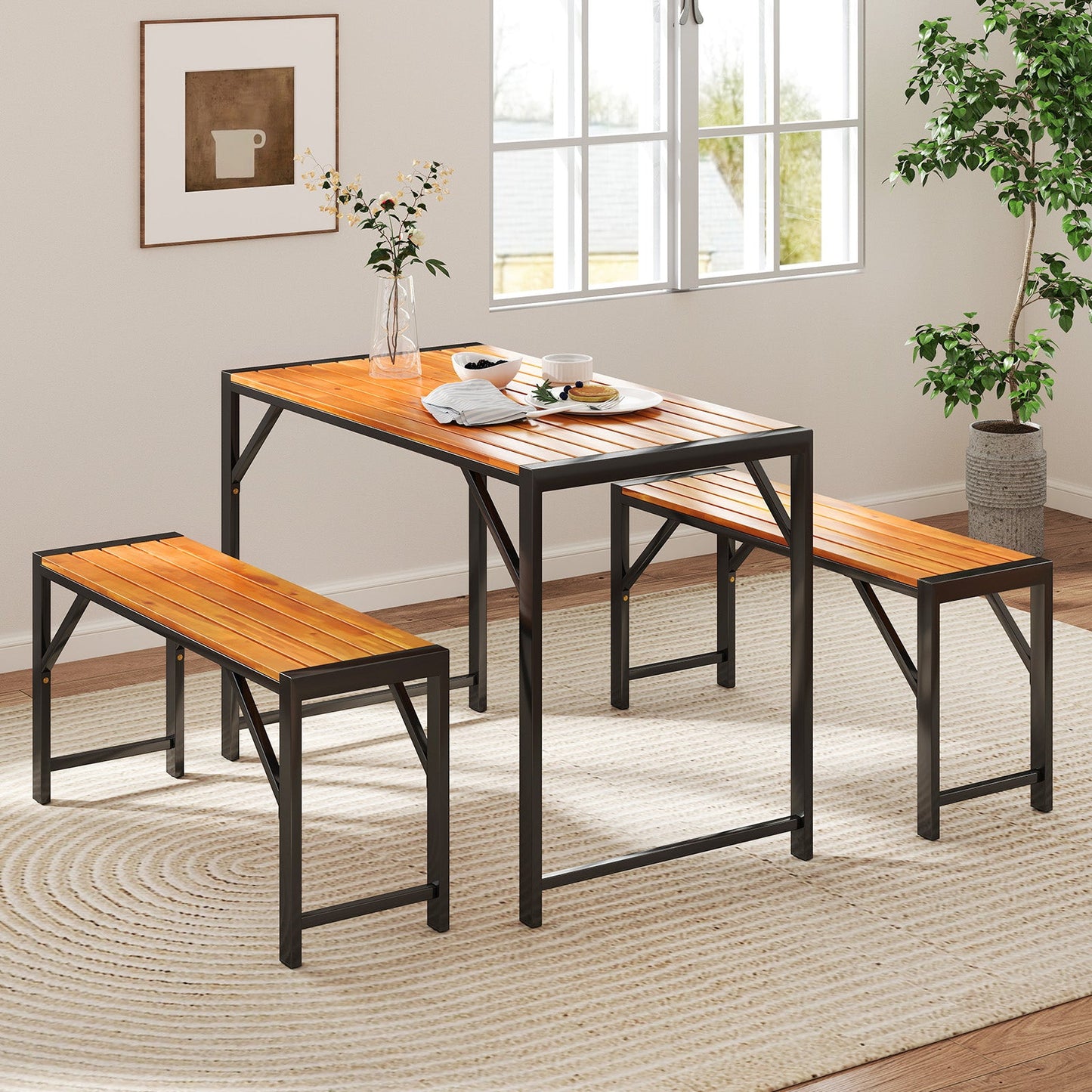 3 Pieces Patio Dining Set with Picnic Table and 2 Benches for 4 People