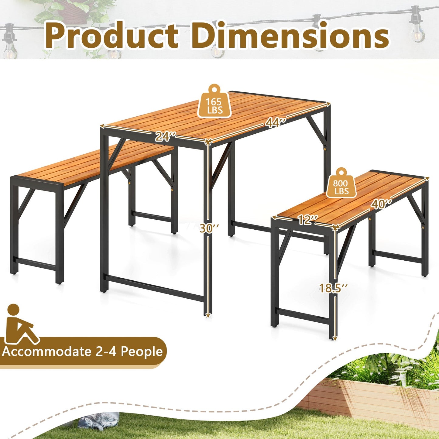 3 Pieces Patio Dining Set with Picnic Table and 2 Benches for 4 People
