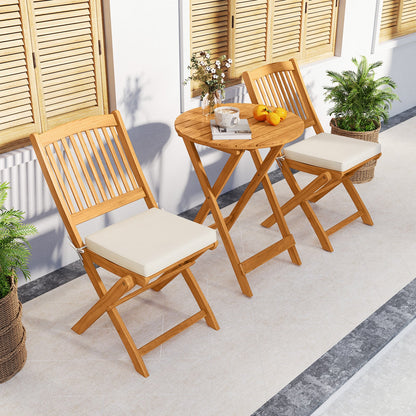 3 Pieces Acacia Wood Patio Folding Bistro Set with Soft Cushions-Beige