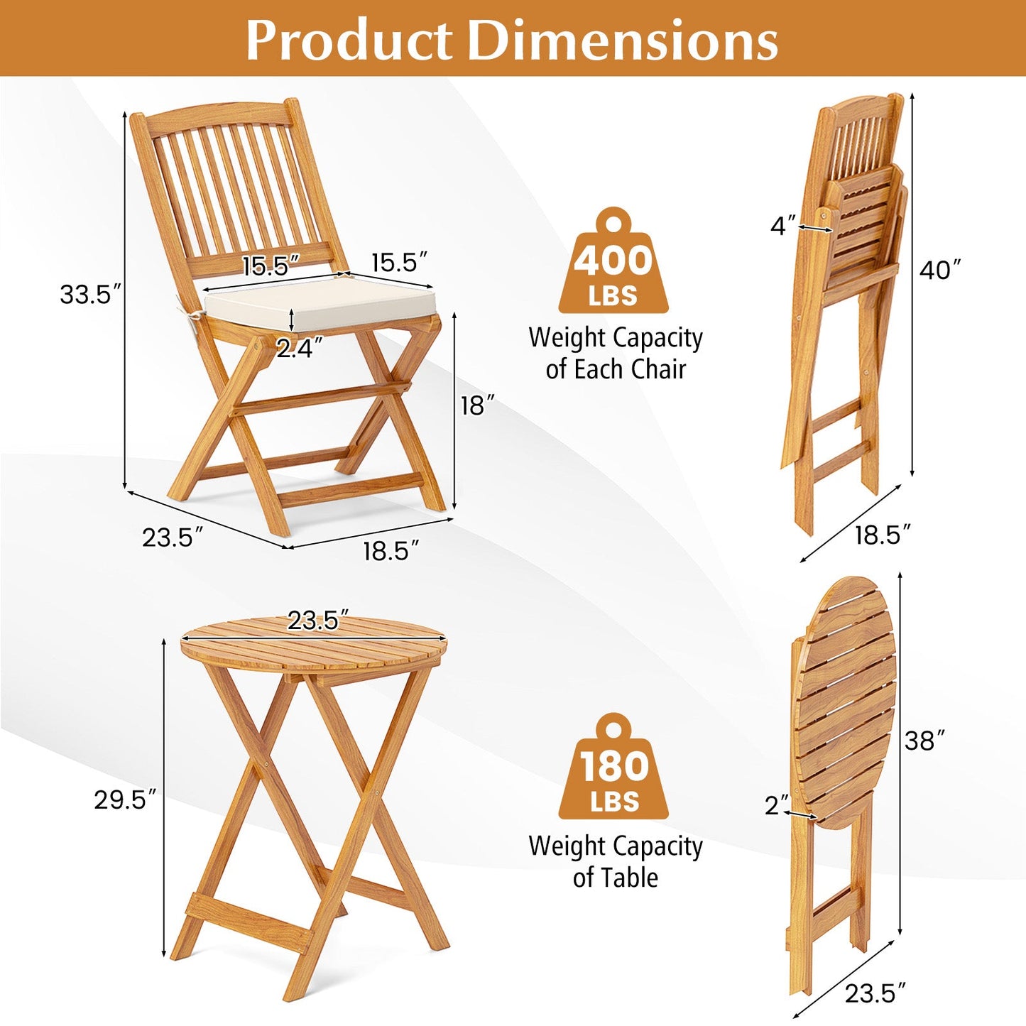 3 Pieces Acacia Wood Patio Folding Bistro Set with Soft Cushions-Beige