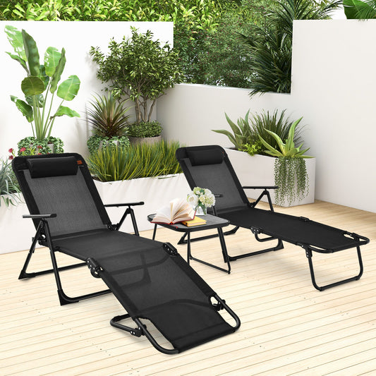 3 Pieces Patio Folding Chaise Lounge Set with PVC Tabletop-Black - Tampa Home & Garden Store