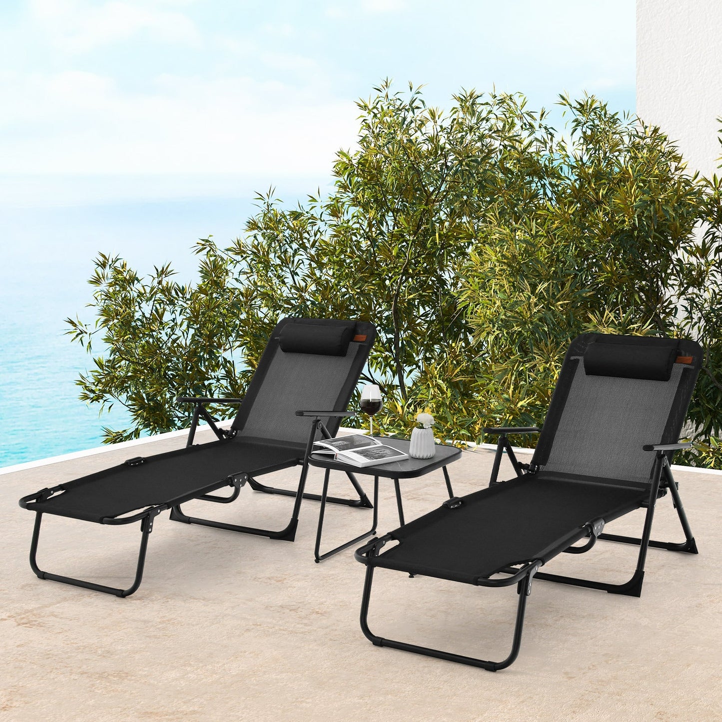 Juego de tumbonas plegables de patio de 3 piezas con mesa de PVC - Negro