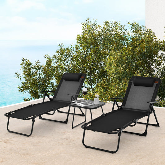 3 Pieces Patio Folding Chaise Lounge Set with PVC Tabletop-Black - Tampa Home & Garden Store